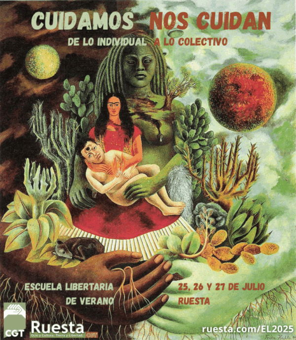 Cartel basado en un cuadro de Frida Kalo en el que se ve a una mujer abrazando a un hombre todos abrazador por la naturaleza y el universo